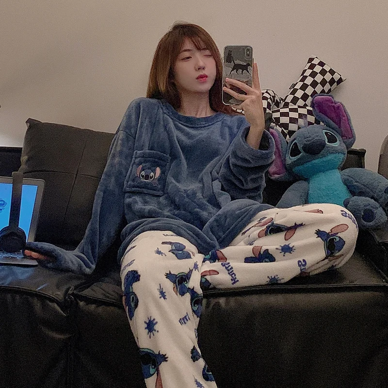 Disney pajamas new cartoon round neck long-sleeved trousers two-piece set sleepwear Stitch loungewear women\'s pajamas 란제리