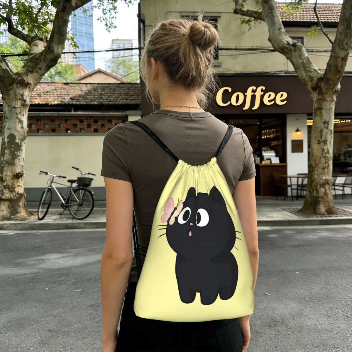 Cute Black Kitten And Butterfly Print Backpacks Multi-function Drawstring Bags Shoes Bag Book Bags for Travel School