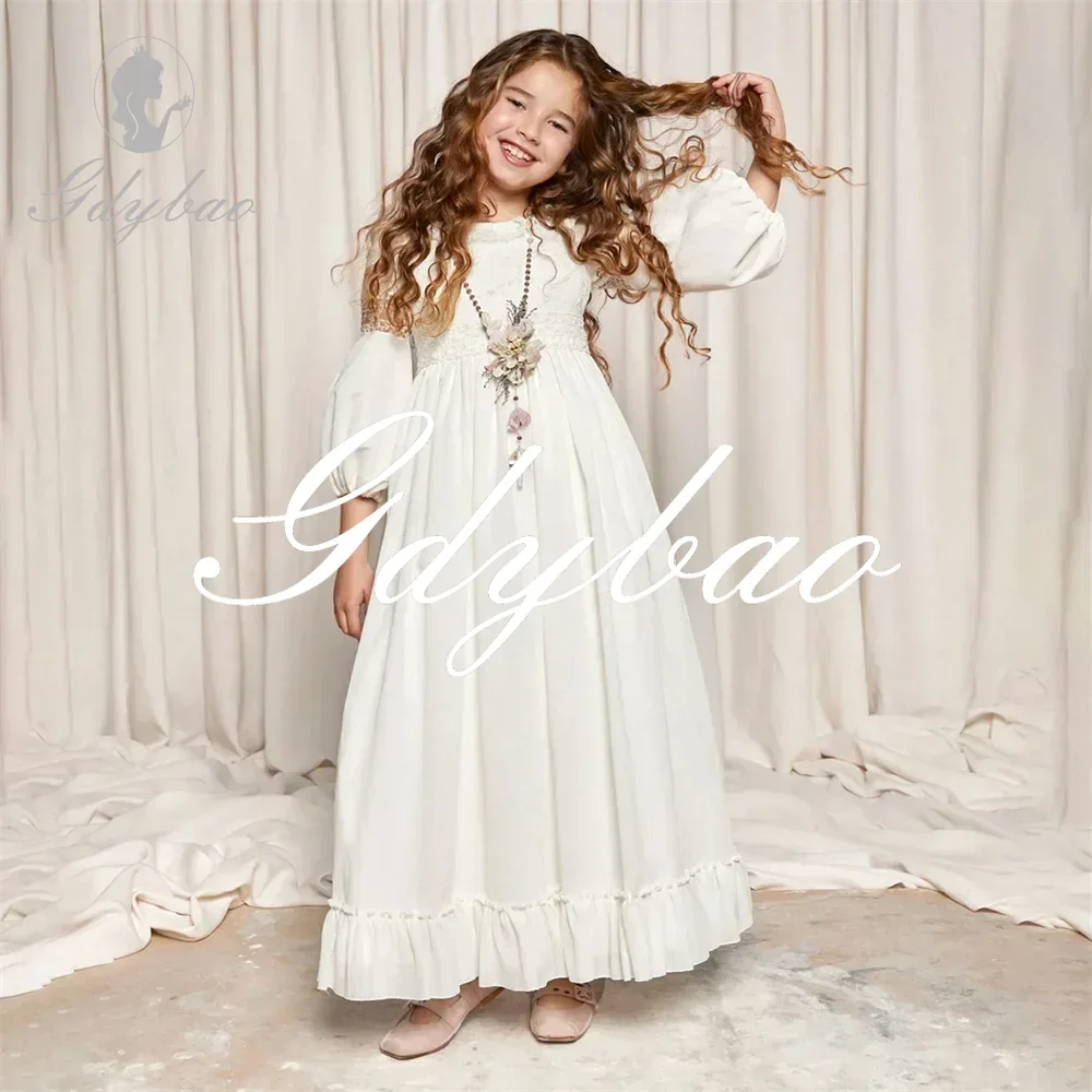 Applique Elegant Princess First Communion Dress For Girl Long Puff Sleeve A Line Ankle Length Flower Girl Gown Customized