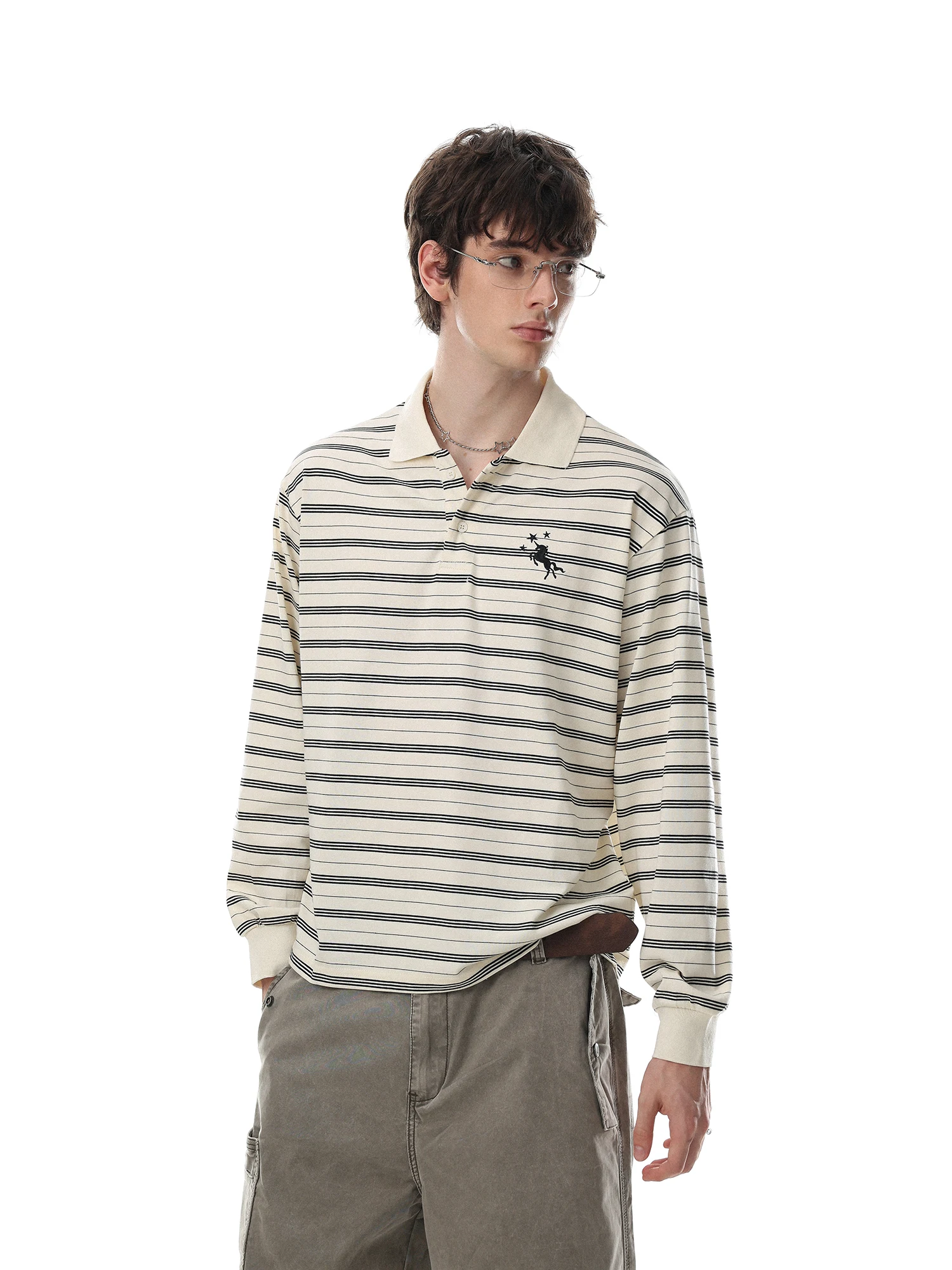 MR NEARLY American Retro Star Unicorn Embroidery Long Sleeve  Shirt Men Loose Striped Top Breathable Comfortable Skin-Fri...