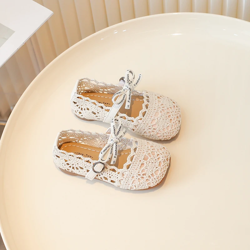 Meisjes Sandalen Prinses Stijl Doek Schoenen Kind Chique Kant Casual Ballet Flats Uitgesneden Vierkante Neus Sandaal