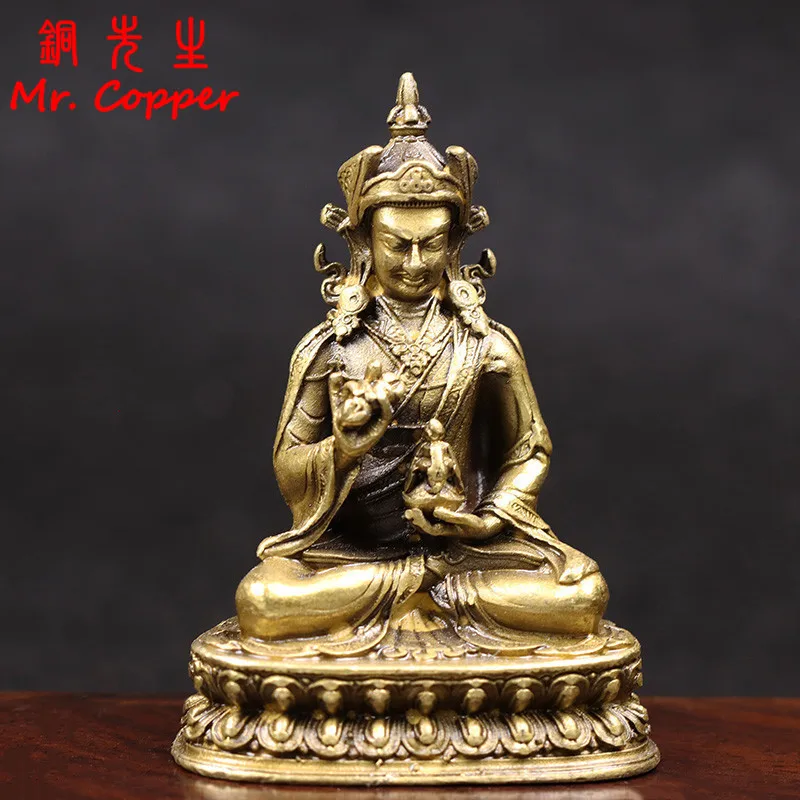 Antique Copper Padmasambhava Buddha Statue Desktop Small Ornaments Tibetan Buddhism Founder Figurines Home Decorations Crafts