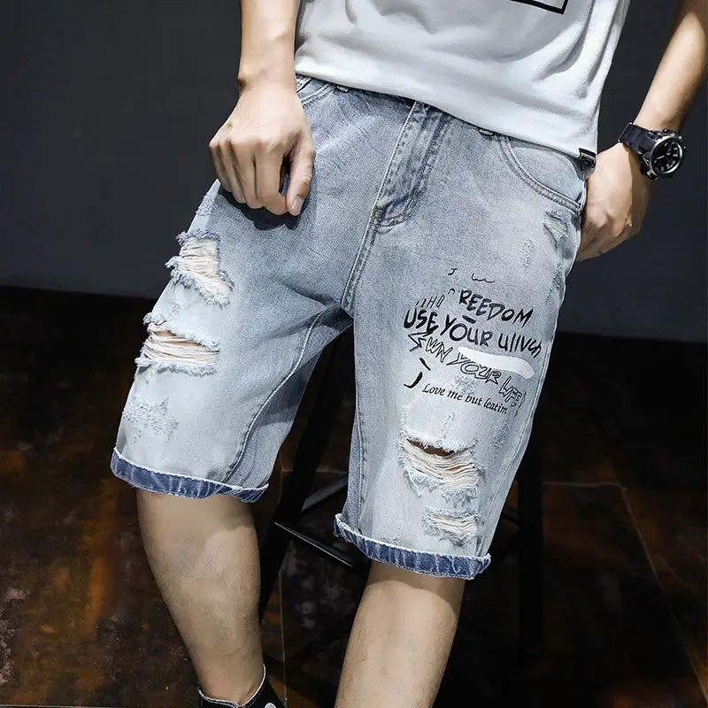 Koreanische Bewertungen Viele Kleidung Sommer Helle Gedruckt Denim Shorts Männer der Marke Lose Mittlere Koreanische Big Hafl Kurze Hosen