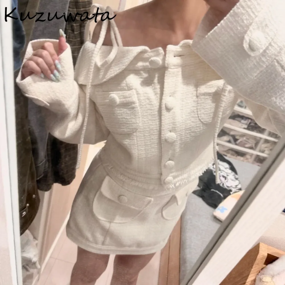 

Kuzuwata All-match Streetwear Hip Hop Coat New Off Shoulder Lace Up Short Jacket Japan Tweed Sweet Cruel Safari Vintage Outwears