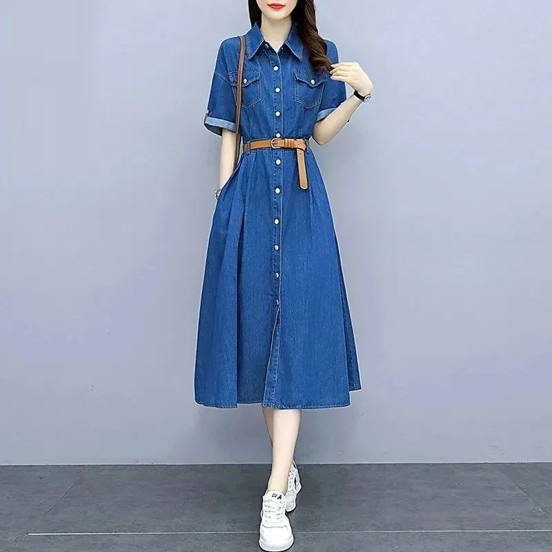 Vintage Denim Shirt Dress Female 2024 Summer New Korean Fashion Slim Short Sleeve A-line Dress With Belt Casual Women\'s Clothing