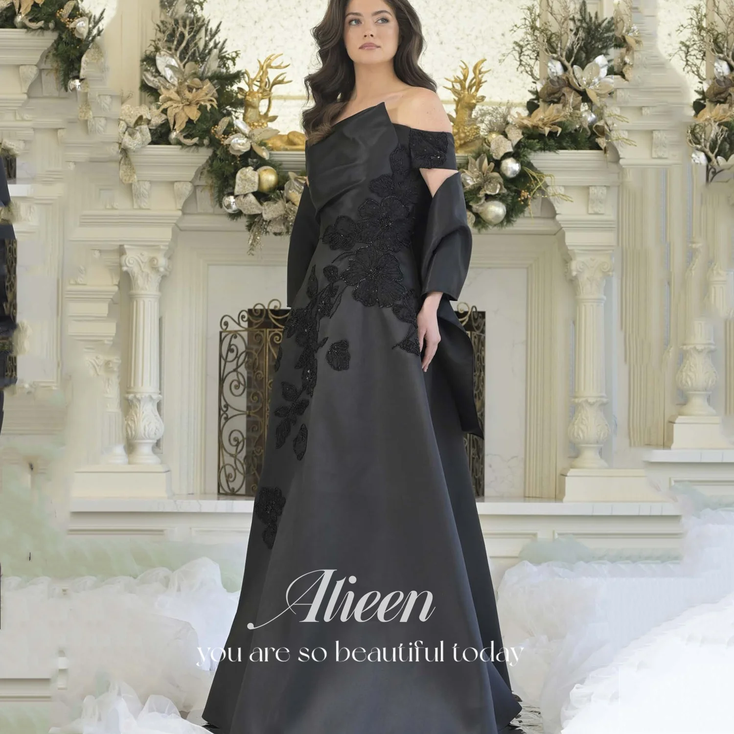 

Aileen 3D Flowers Luxurious Evening Dresses 2025 Luxury Satin Vestidos De Festa Customized فساتين سهرة Black Women Evening Dress