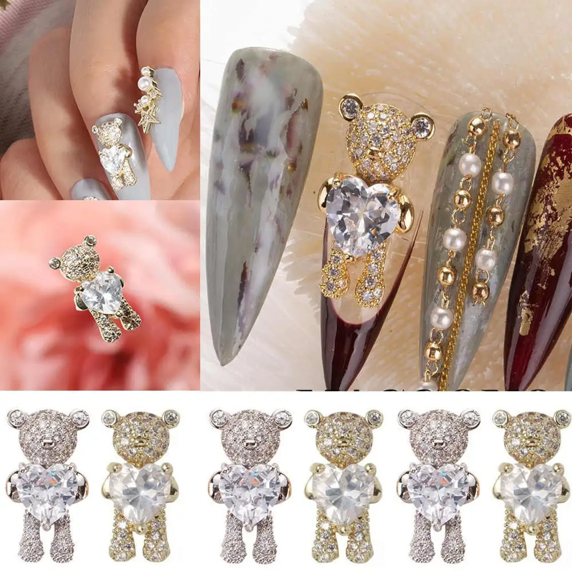 10Pcs Kawaii Cartoon Bear Rhinestone Nail Charms Gold/ Silver 15mm Crystal Diamond Glitter Rhinestones for Manicure Accessories