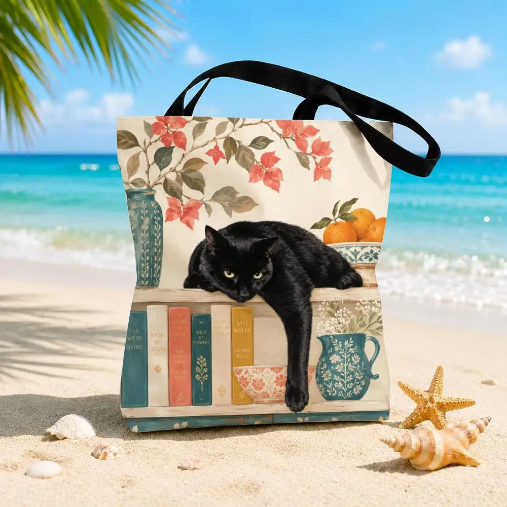 Black Cat Books Storage Bags Beach Canvas Shoulder Tote Bag Double Sided Print Fashion Handbag For Travel Picnic