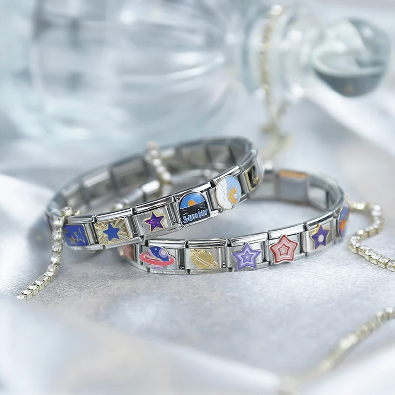 Trusta 2024 Fashion Cute Blue Star Moon Charm Italian Links 9mm Stainless Steel Bracelet For Women DIY Jewelry Wholesale N016