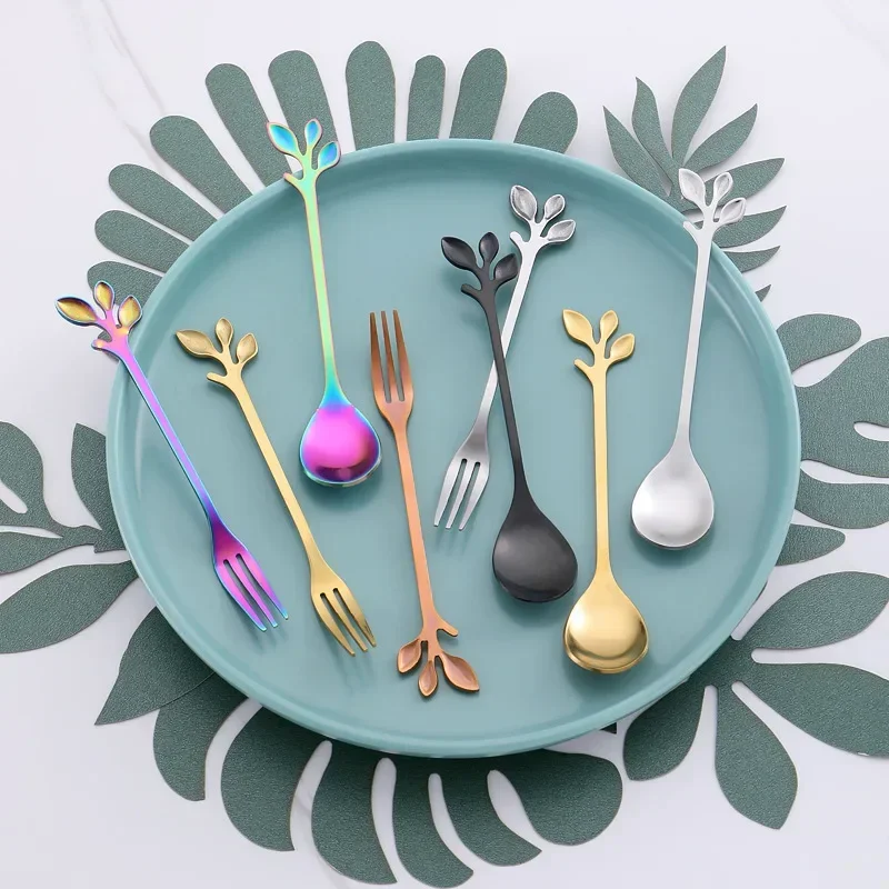 Gold Long Handle Spoon Stainless Steel Leaf Teaspoon Nordic Mini Stirring Spoons Small Fork for Dessert Coffee Honey Home Decor