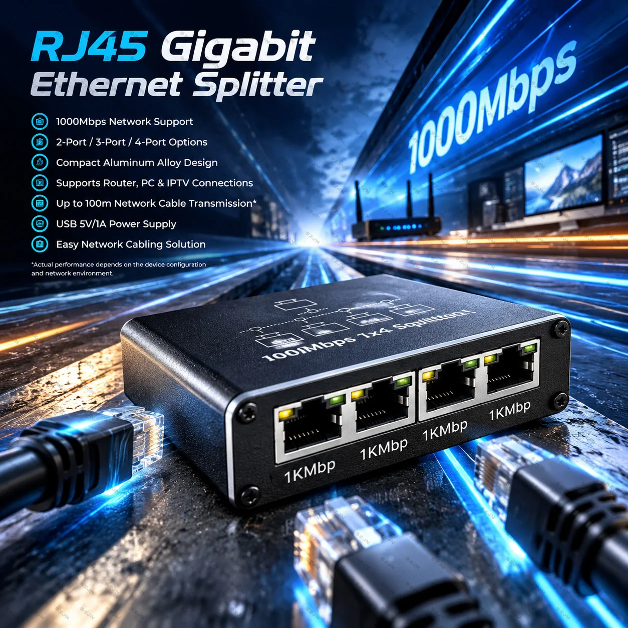 RJ45 Ethernet Splitter 1 to 2 3 4 Port Gigabit 1000Mbps Network Adapter with USB Power for Router IPTV PC