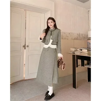 Unxx-ヴィンテージウールコートとロングスカートスーツ、スタンドアップカラー、ウッドイヤーパネル、コントラストウールブレザー、2ピースセット、秋冬