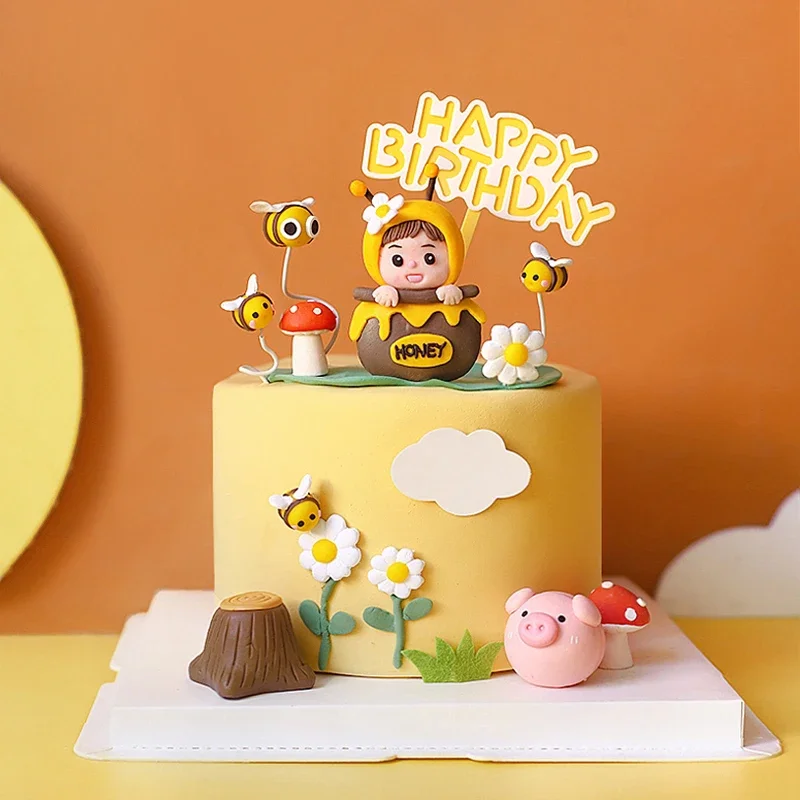 Forniture per la decorazione di torte animali dei cartoni animati Bee Felt Honey Happy Birthday Cake Toppers per la decorazione di torte di