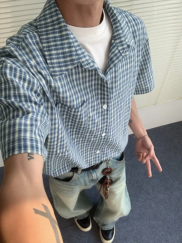 

American Retro Plaid Shirt Men's Summer Casual Lazy Style Loose Short Sleeve Shirt Jacket Men Cotton Polyester Blend Full Print