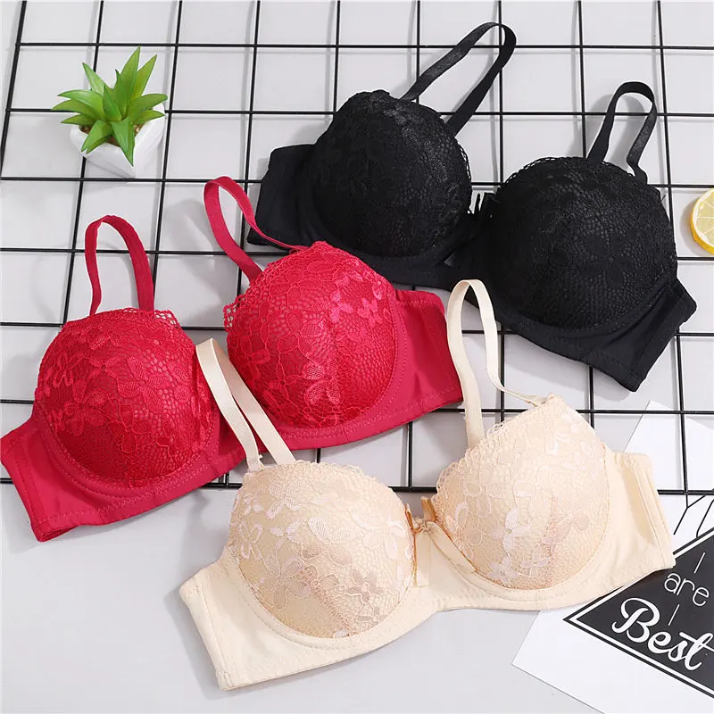 Women Lace Push Up Bra With Underwire Sexy Bow Bralette Female Underwear Lingerie Adjustable Straps Gathered Brassiere