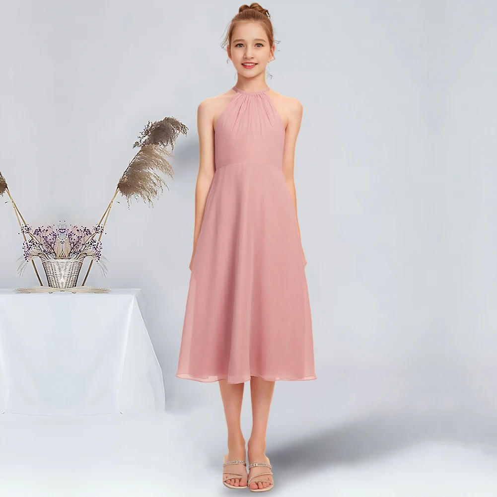 

A-line Halter Knee-Length Chiffon Junior Bridesmaid Dress Blush Flower Girl Dress for Wedding Teen Dresses For Special Occasions