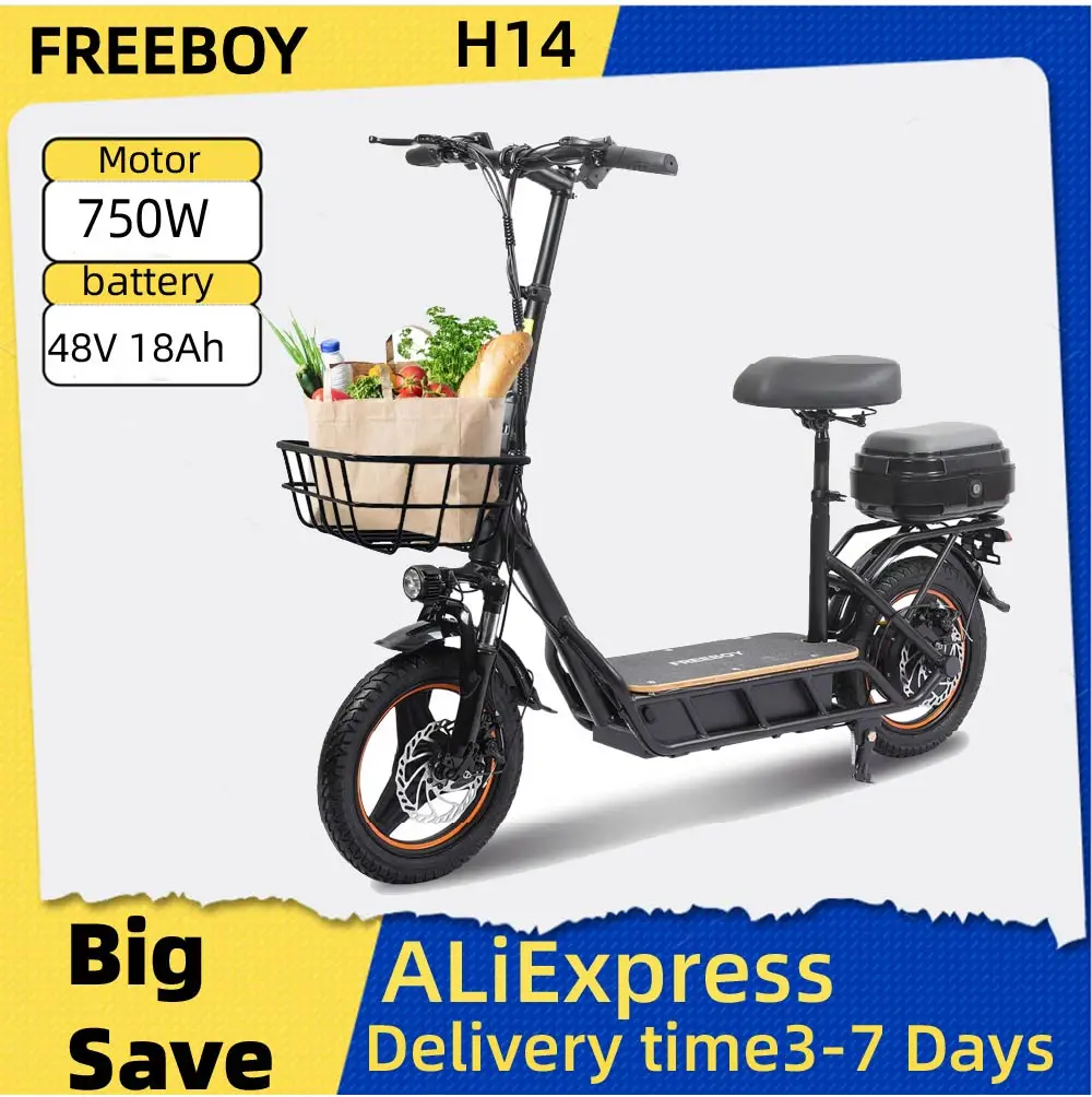 

FREEBOY H14 Электрический самокат для взрослых, 750 Вт, двигатель, 48 В, 18 Ач, аккумулятор, складной электронный самокат, 14 шин, городской eScooter