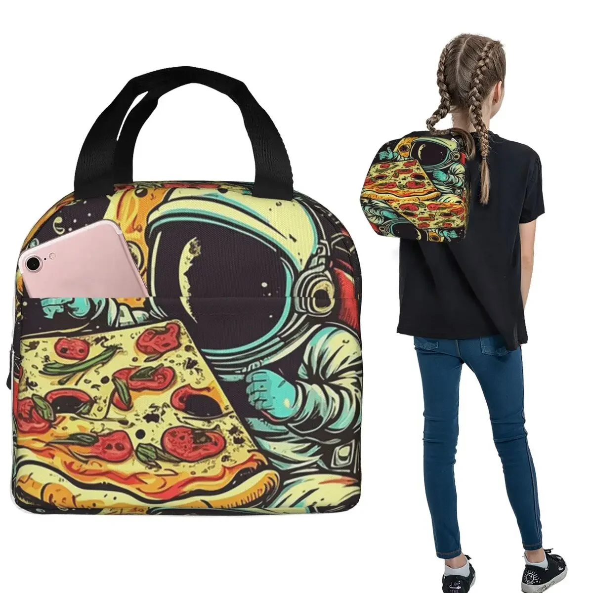 Astronaut With Pizza In Space Cartoon Insulated Lunch Bag for Women Kids Leakproof Food Boxes Thermal Lunch Box Tote