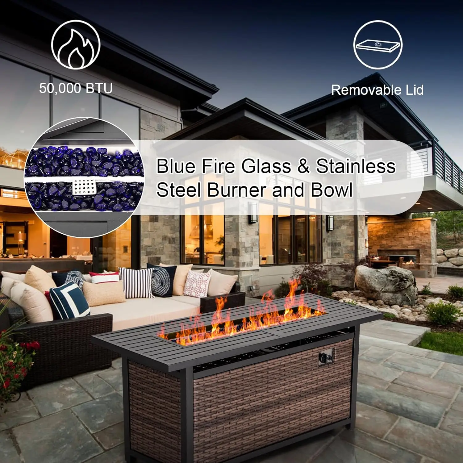 56 Inch Gas Fire Pit Table Outdoor Rattan Propane Fire Table & Fireplace with Fire Glass, Lid, 50,000 BTU Firepits