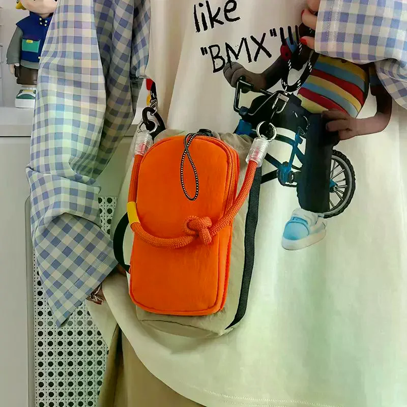 Multipurpose Mini Crossbody Bag Women Nylon with Color Block Drawstring Design
