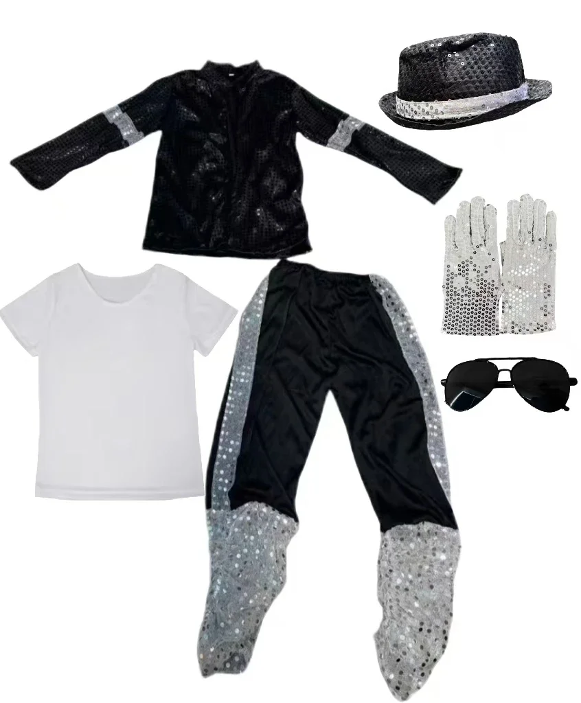 Disfraces de Escenario MJ, Traje de Baile Clásico con Lentejuelas Negras de Michael Jackson, Disfraz de Halloween para Hombre, Camisetas, Sombreros, Guantes, Traje Completo