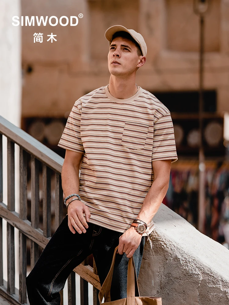 SIMWOOD 2025 Summer New Oversize 260gsm 100% Cotton Fabric Striped T-shirts Men Fashion Tops Plus Size Brand Clothing