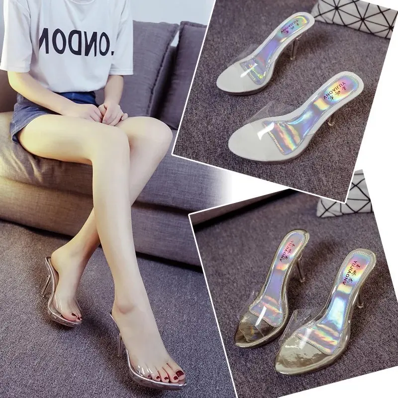 2024 Summer Women Sexy High-heeled Cool Slides Slippers Female Transparent Crystal Waterproof Sandals Thick Fish Mouth Sandals