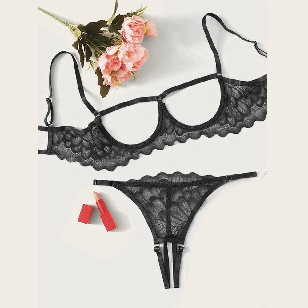 Womens Sexy Lingerie Sexy Two Piece Suit Hollow Out Female Underwear Set Lace Breathable Open Crotch Exposed Butt T Back Set Hot