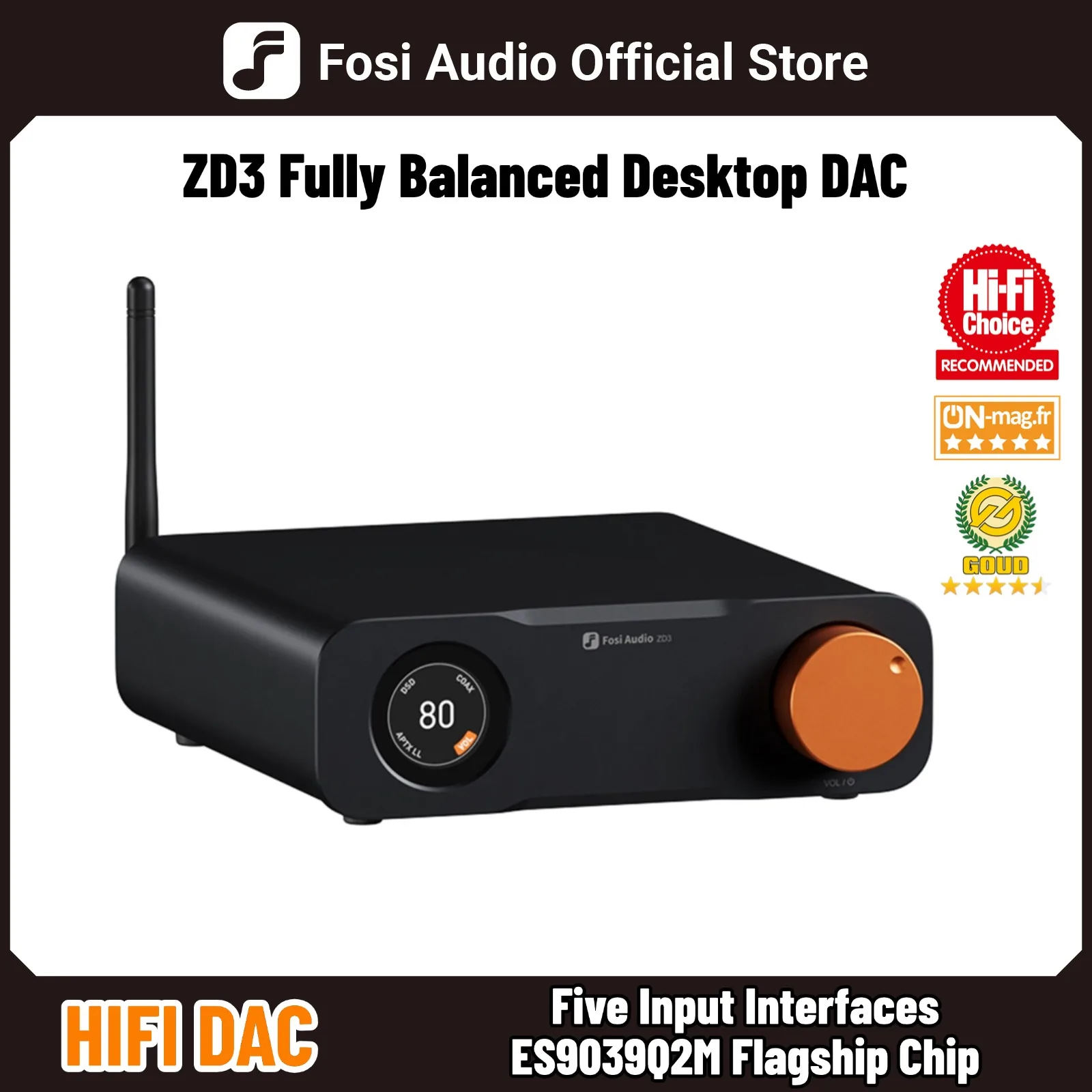 Fosi Audio ZD3 Bluetooth USB Desktop DAC ARC Input, ES9039Q2M Fully Balanced Digital Decoder for Stereo Amplifier with Remote