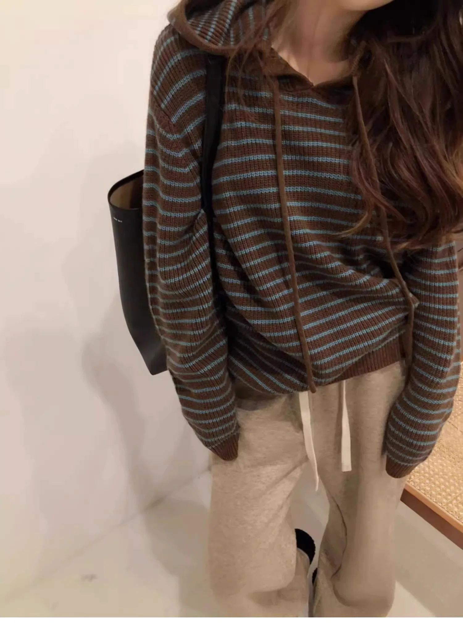 Autumn Winter Women's Vintage Knitted Hat Coat Soft Cozy Loose Fit Striped Hoodie Sweater Outerwear Trendy Commute Style Long...