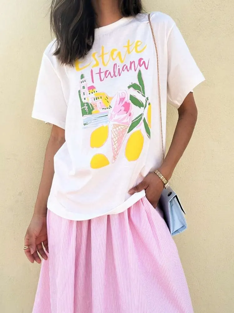 JHYF American Retro Hand-Drawn Graffiti Ice Cream Lemon Print Spicy Girl Short Sleeve T-Shirt Women's Trendy Cotton round Neck