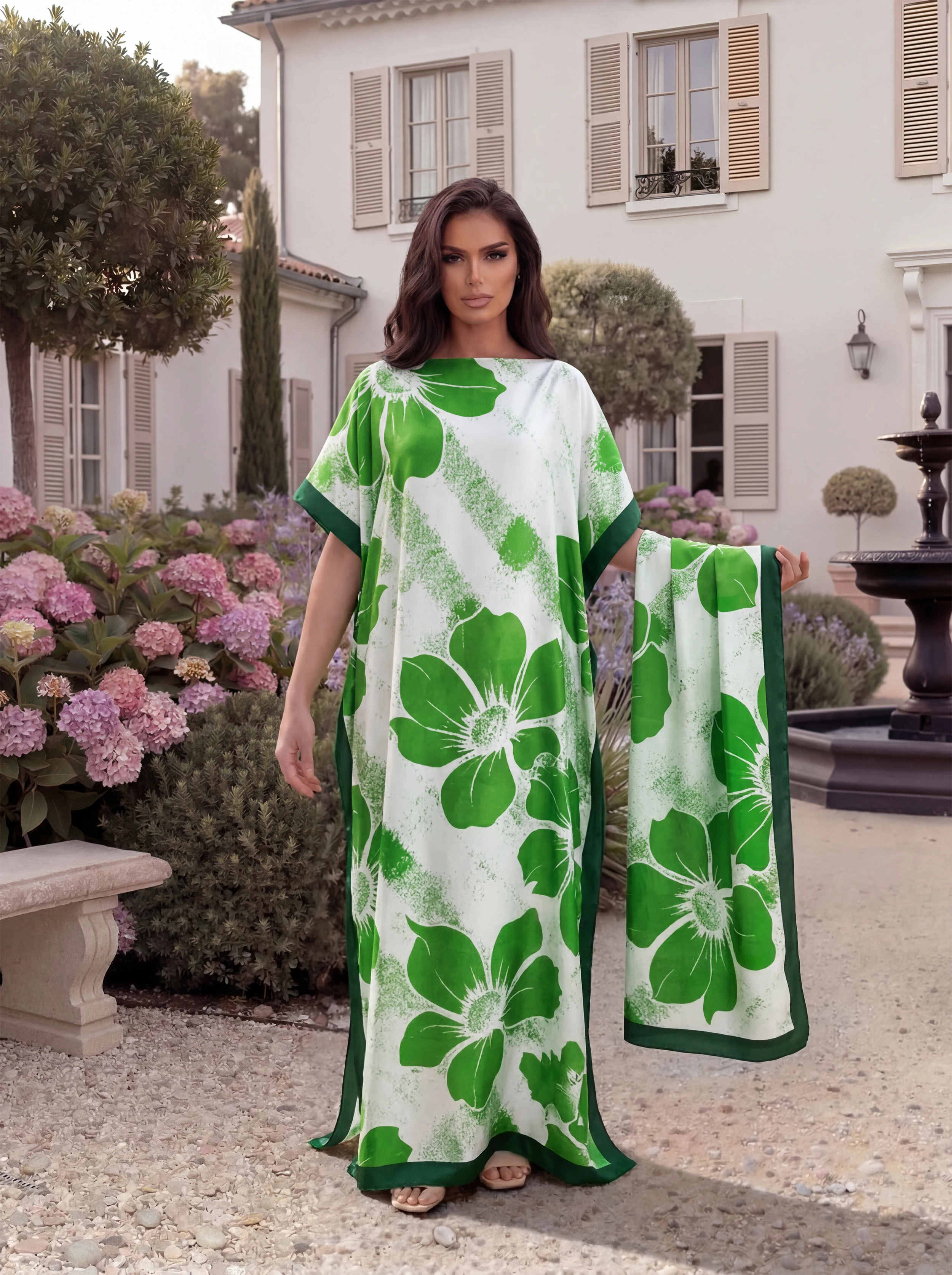 Boho Large Floral Print Satin Abaya Scarf Set, Loose Batwing Maxi Kaftan for Muslim Women Summer Beach Holiday Wear view 6