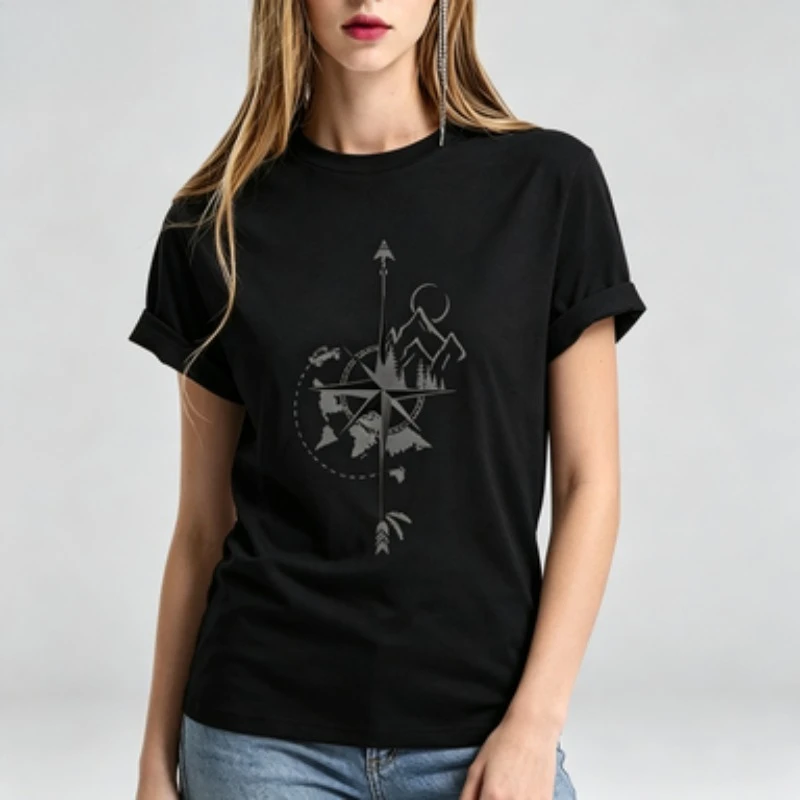 Women Modal  T-Shirt Compass Mountain Print Short Sleeve Round Neck Outdoor Adventure Casual Graphic Tee Black White