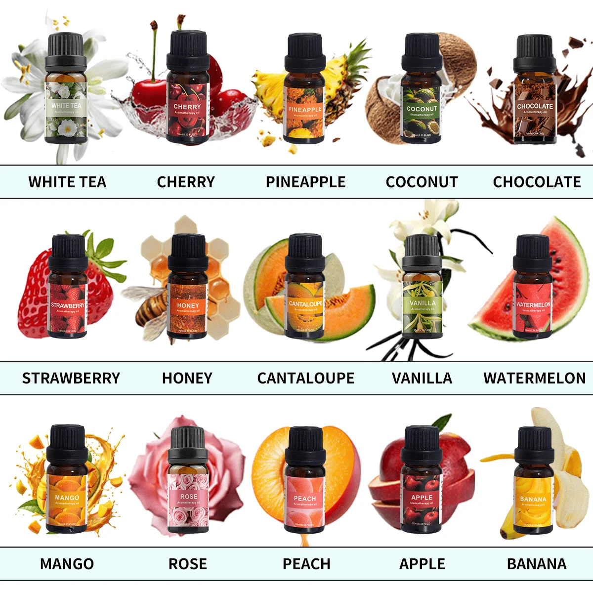 

10ml Fruit Essential Oil Set (Pineapple, Strawberry, Honey, Mango, Watermelon, Chocolate) Aromatherapy To Uplift Mood, Suitable For Diffuser, Wax Melts, Home Fragrance