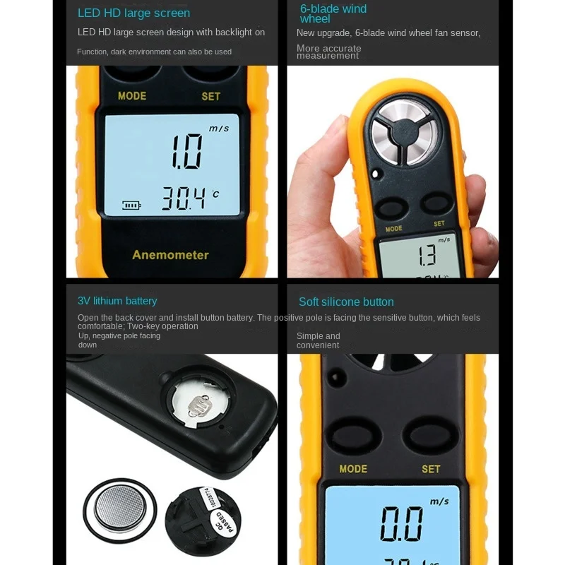 Cyfrowy podręczny anemometr miernik prędkości wiatru Anemometro 30 m/s urządzenie do pomiaru temperatury-10 ~ 45C miernik wiatru podświetlenie LCD