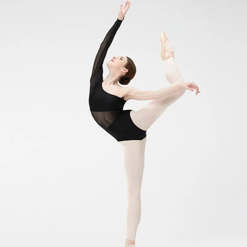 المرأة رداء رقص الباليه قطعة واحدة غير المتكافئة المائل الكتف شبكة لصق الرقص الجمباز مثير اليوغا ارتداءها