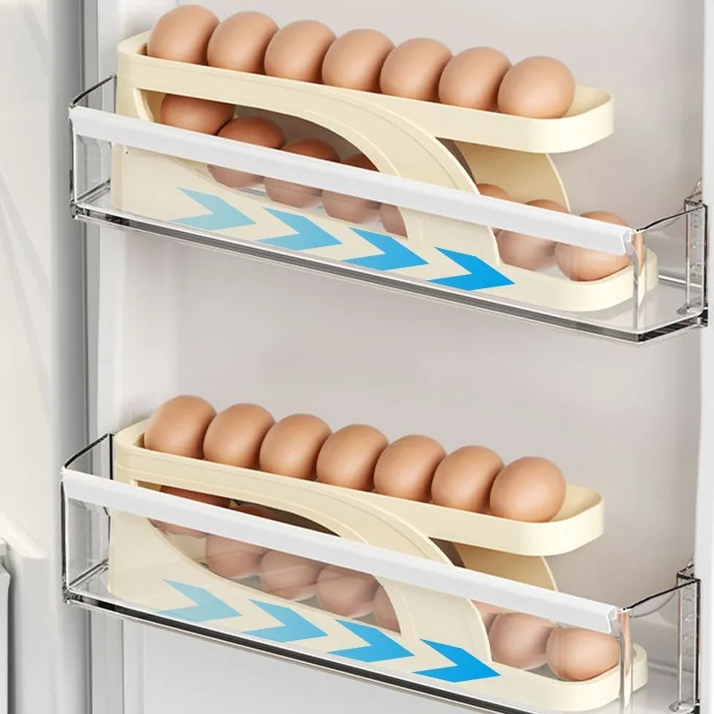 New Automatic Rolling Holder Rack 2layers Fridge Side Door Egg Storage Box Container Kitchen Refrigerator Egg Dispenser Gadgets