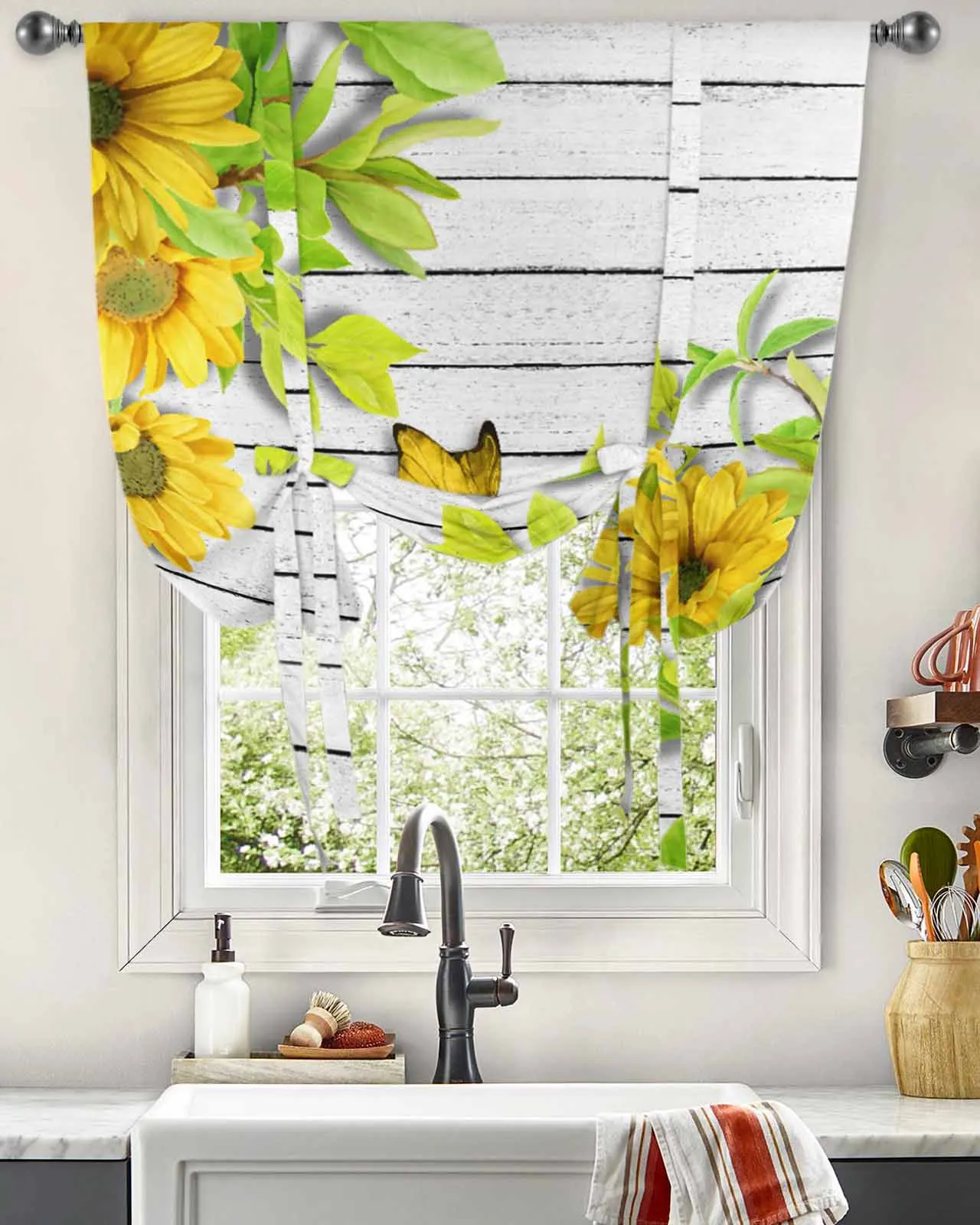 Sunflower Flower Butterfly Wooden Board Window Curtain for Living Room Adjustable Curtains for Kitchen Cafe Tie Up Short Drapes