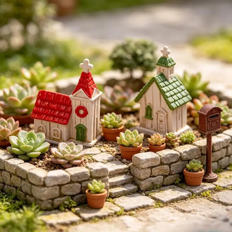 【HG】Green/Red Roof House Miniature Model Mini Resin Christmas Village Church Figurines Garden Scene Ornament Photography Prop