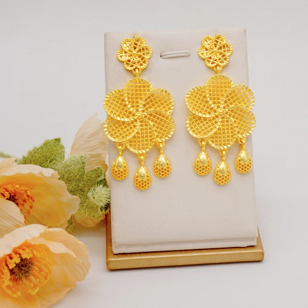 Fashion Jewelry Set African Dubai Gold Color Flower Tassel Long Chain Necklace Earings Sets For Women Wedding Party Gifts image 5