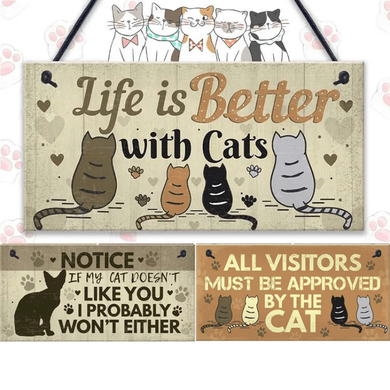 Pet Cat Wooden Sign Pet Tag Cat Accessorise Lovely Friendship Animal Sign Hanging Plaques for Crafts Home Decoration