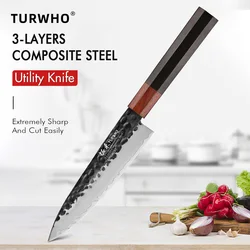 TURWHO 5.5-inch Hand Forged Kitchen Utility Knives 3 Layers Composite Steel Vegetable Meat Fruit Paring Professional Chef Knife