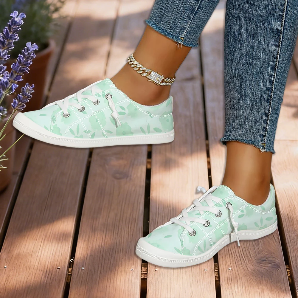 Mint Green Fresh-Style Printed Canvas Shoes, Spring and Summer Casual Slip-On Low-Top Shoes, Women's Sneakers