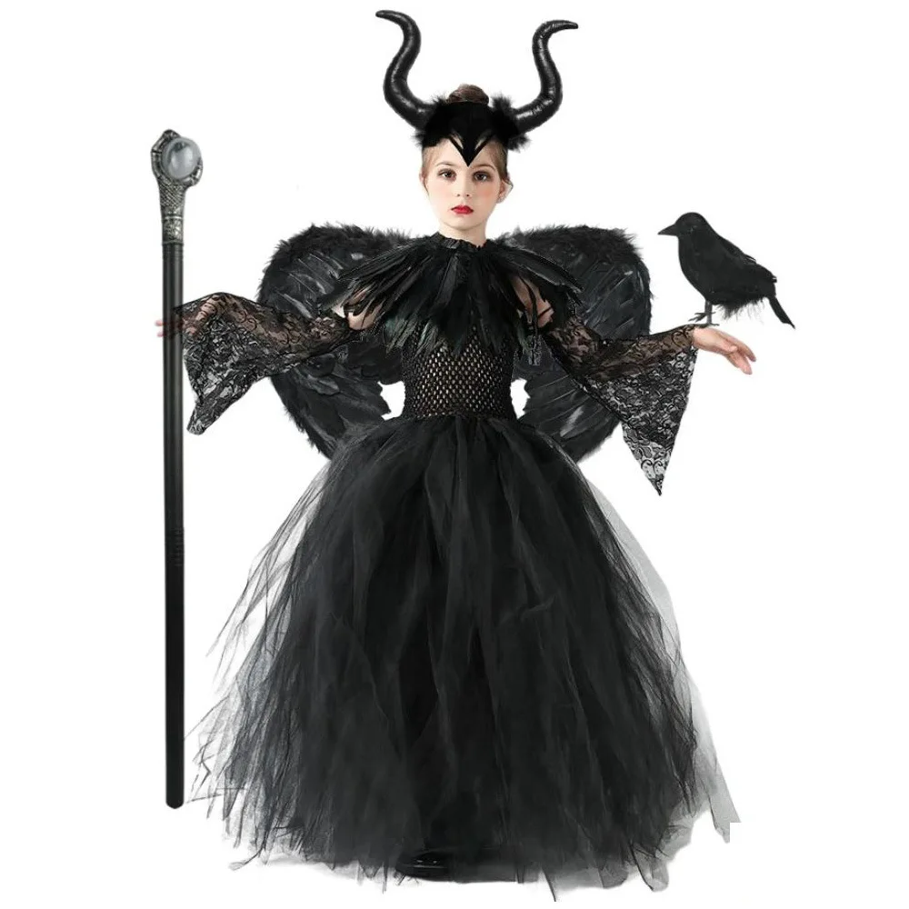 أزياء الهالوين Maleficent للفتيات أزياء تنكرية للملكة الشريرة أزياء الساحرة الشيطان شبكة سوداء فستان الأميرة أجنحة الطيور 12 سنة