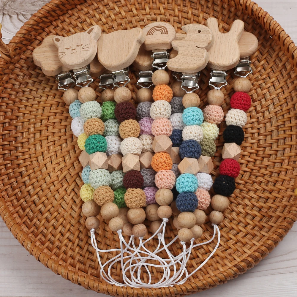 Baby Pacifier Chain Animal Bunny Elephant Heart Beech Pacifier Clip For Wood Round Felt Balls Bead Teether Nipple Chain Chew Toy