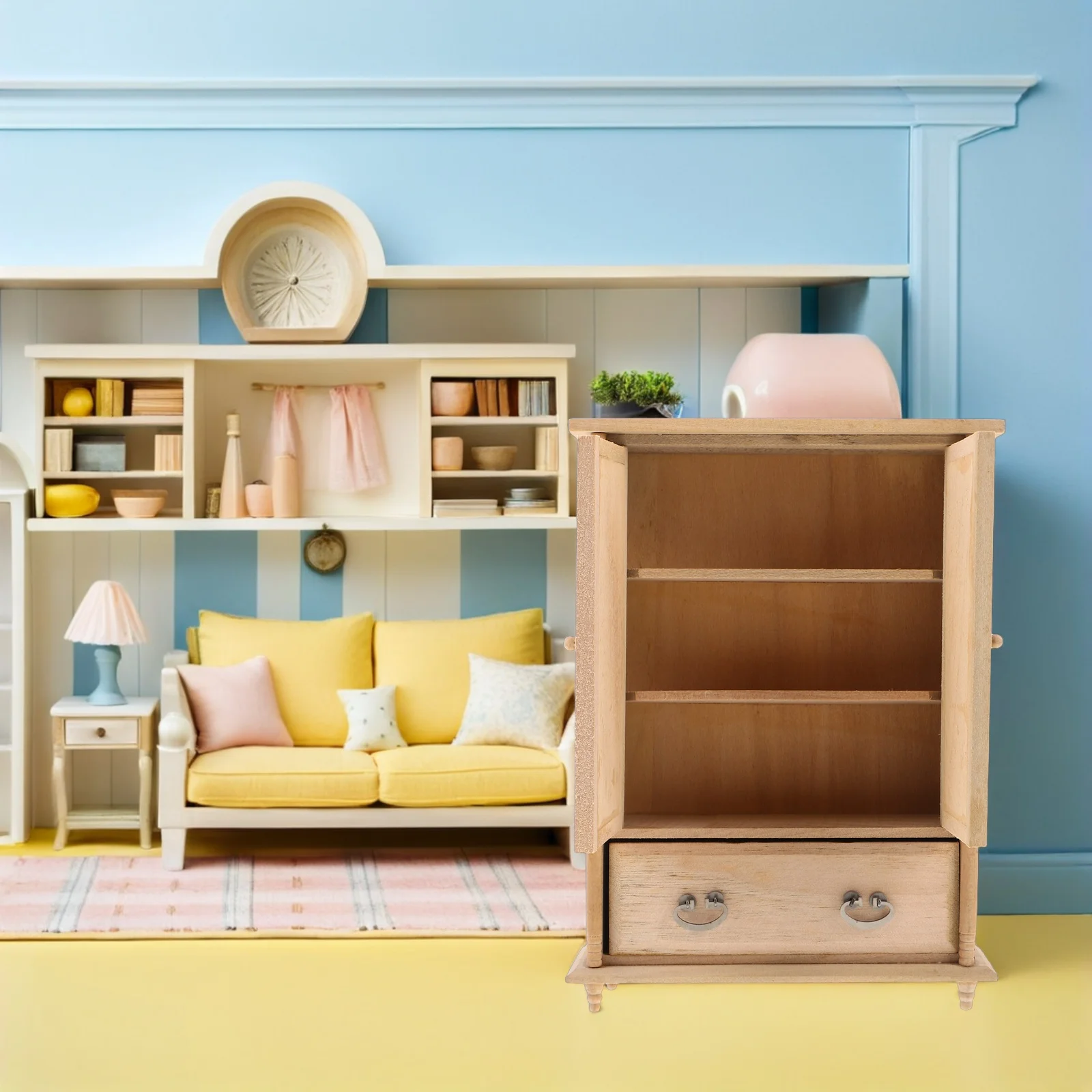 

Sophisticated 12 Scale Dollhouse Furniture Antique Look Miniature Wooden Wardrobe Closet Diy Unfinished For Bedroom Scenes Beige