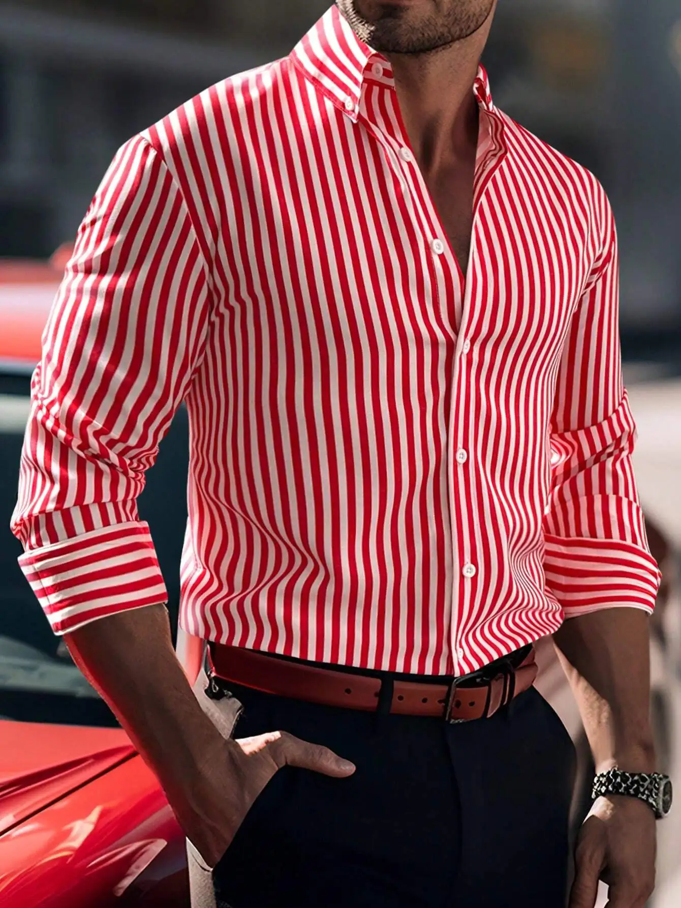 

Men's Red and White Vertical Stripe Button-Up Long Sleeve Shirt, Casual Business Style