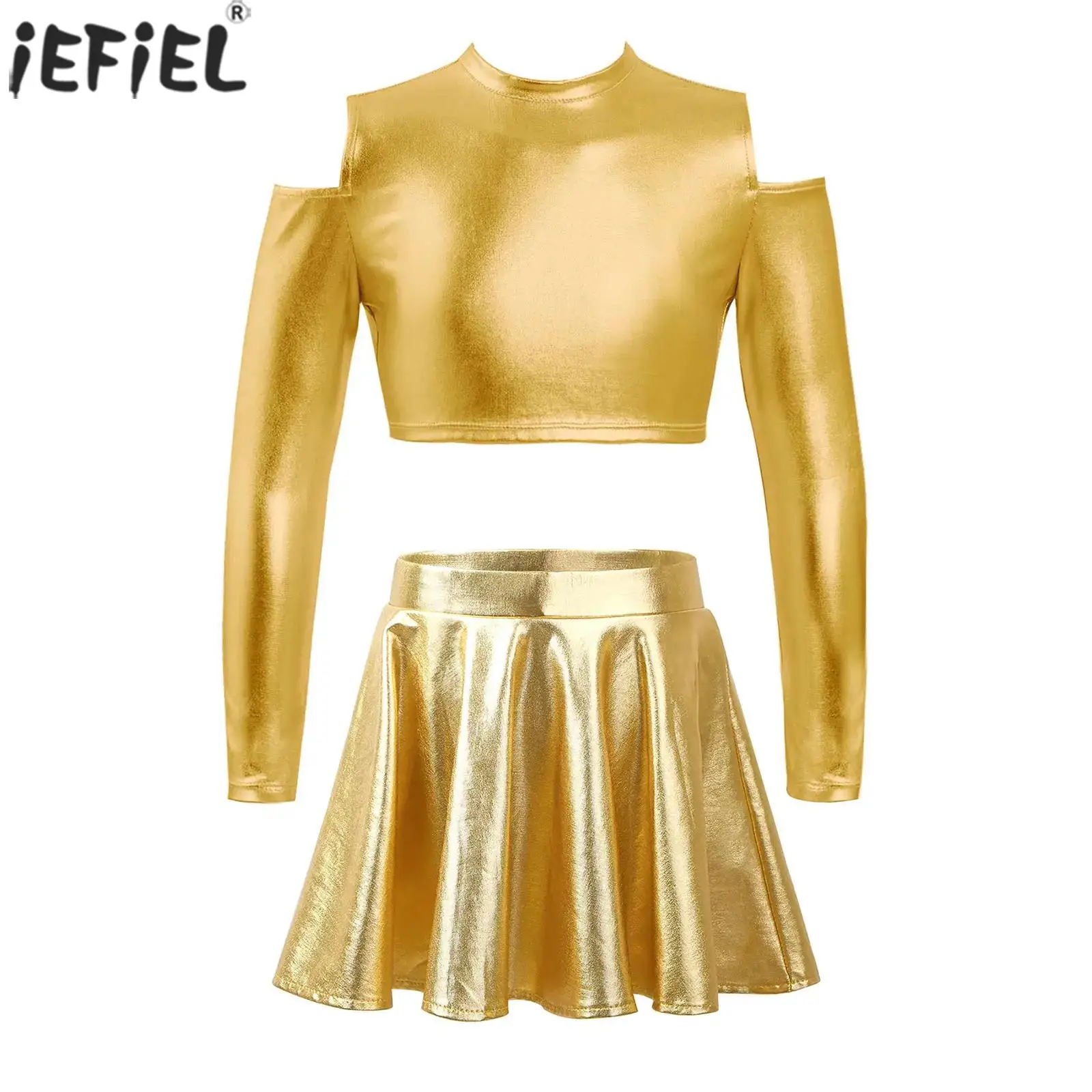 

Kids Girls Modern Jazz Dance Figure Skating Performance Costume Metallic Long Sleeve Off Shoulder Crop Tops with Pleated Skirt