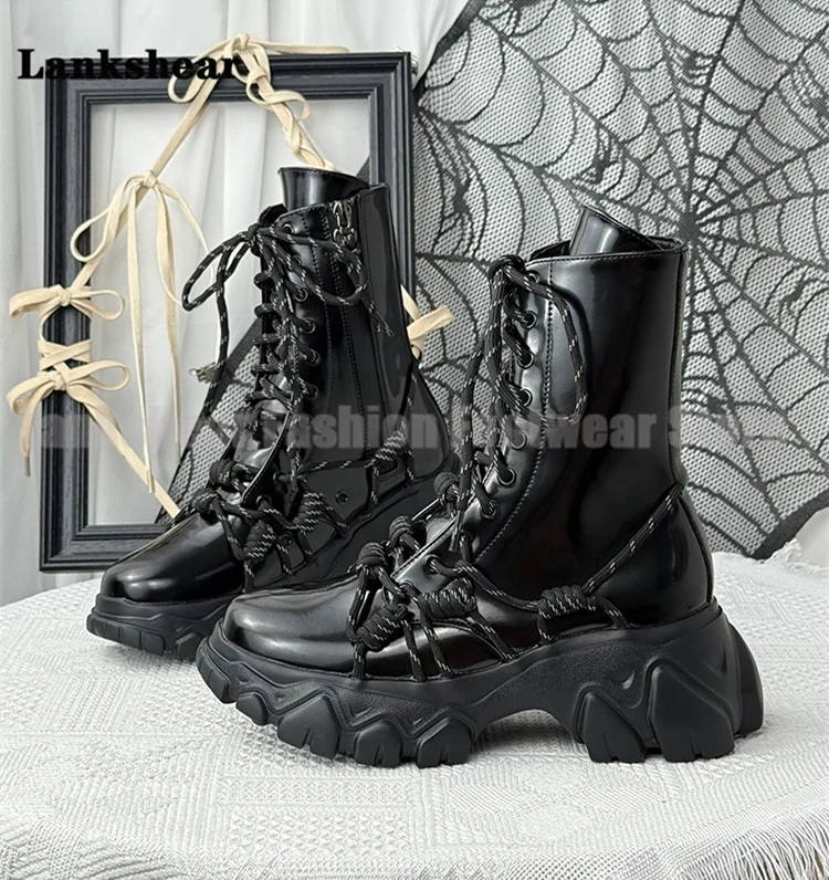 

Tank Platform Punk Boots Thick-Soled Straps Lace-Up Boots Designer Style Booties Women's High Increase Shoes Botas Mujer