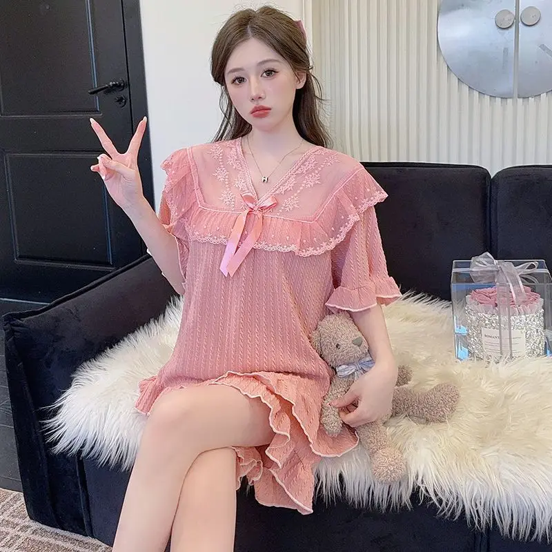 Conjunto de pijamas de Estilo Princesa de talla grande 5XL, pantalones cortos de manga corta de algodón de encaje de verano para mujer, ropa para el hogar, transmisión directa en vivo, Pjs